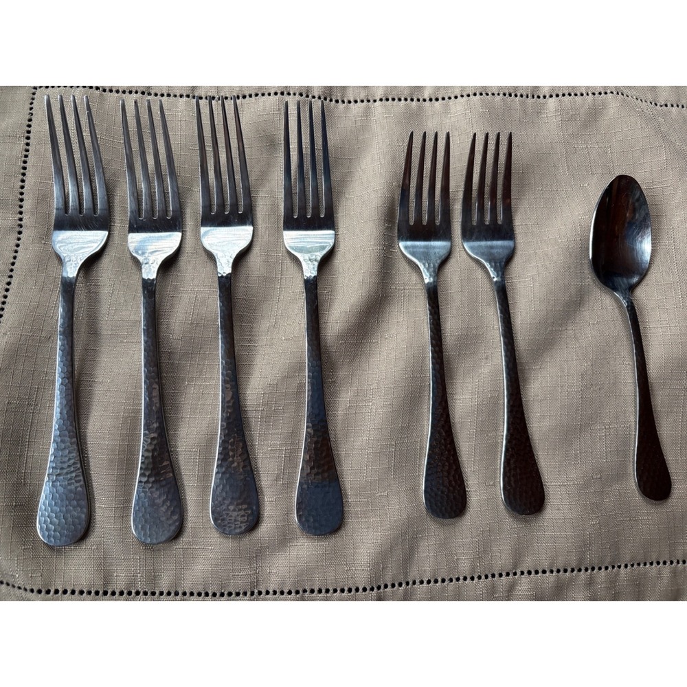 Wallace Kaylee 18/0 Stainless Hammered 7pc Flatware Set 4 Forks 2 Salad 1 Spoon